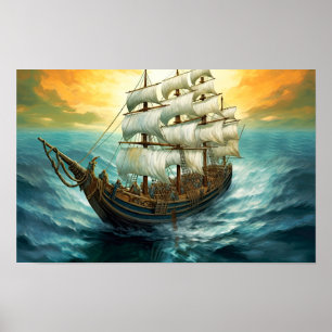 Painting of Large Sailing Ship on a Blue Sea Poster