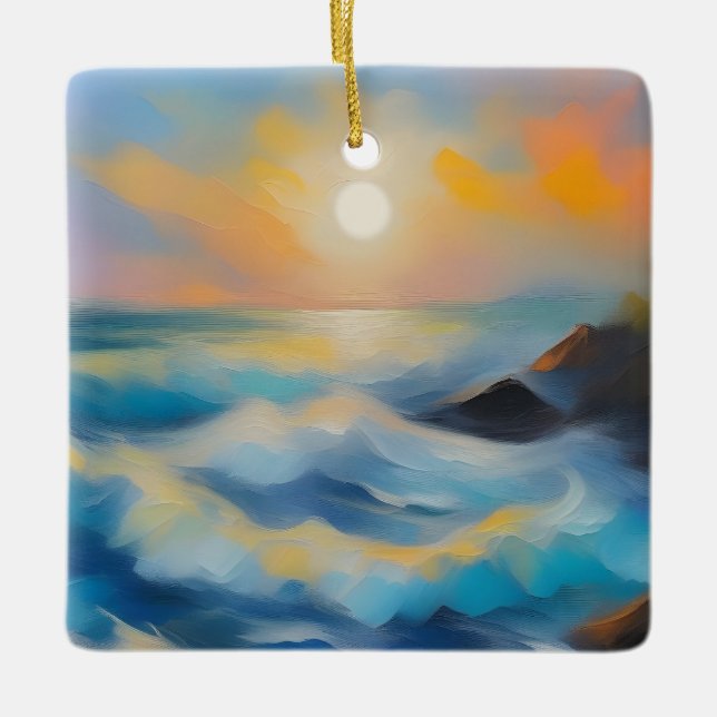Painting of light blue sea waves under the sun ceramic ornament (Front)