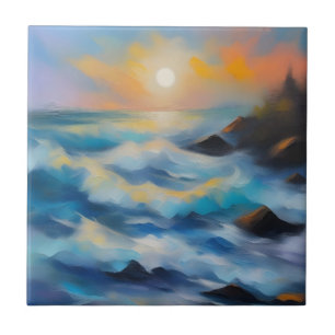 Painting of light blue sea waves under the sun ceramic tile