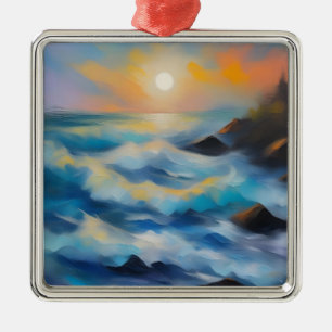 Painting of light blue sea waves under the sun metal ornament