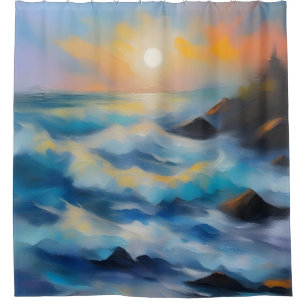 Painting of light blue sea waves under the sun shower curtain