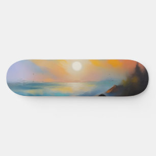 Painting of light blue sea waves under the sun skateboard