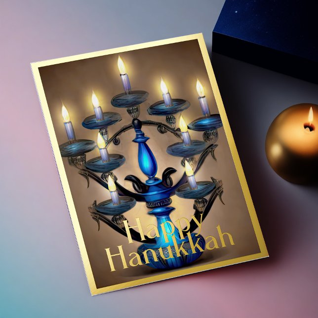 Painting of Menorah Happy Hanukkah Gold Blue Foil Holiday Card (Creator Uploaded)