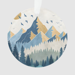 Painting of mountains with birds in flight ornament