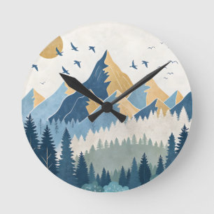Painting of mountains with birds in flight round clock