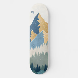 Painting of mountains with birds in flight skateboard