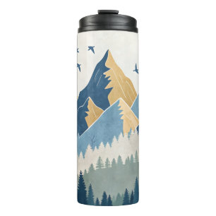 Painting of mountains with birds in flight thermal tumbler