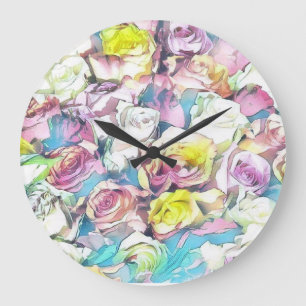 Painting of pink, yellow and white roses large clock