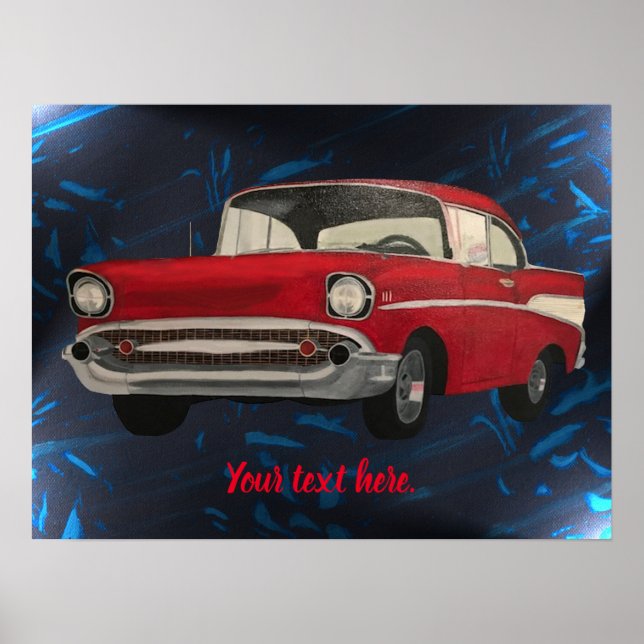 Painting of red vintage car on abstract blue black poster (Front)