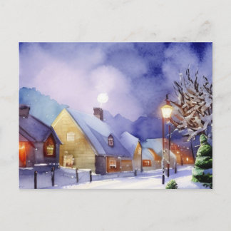 Painting of Snow-covered Houses in the Winter Holiday Postcard