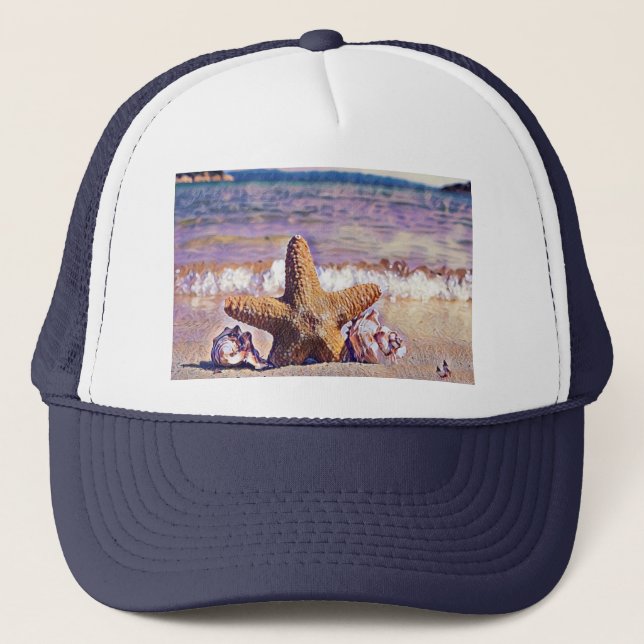 Painting of Star Seashells on the Beach T-Shirt Trucker Hat (Front)