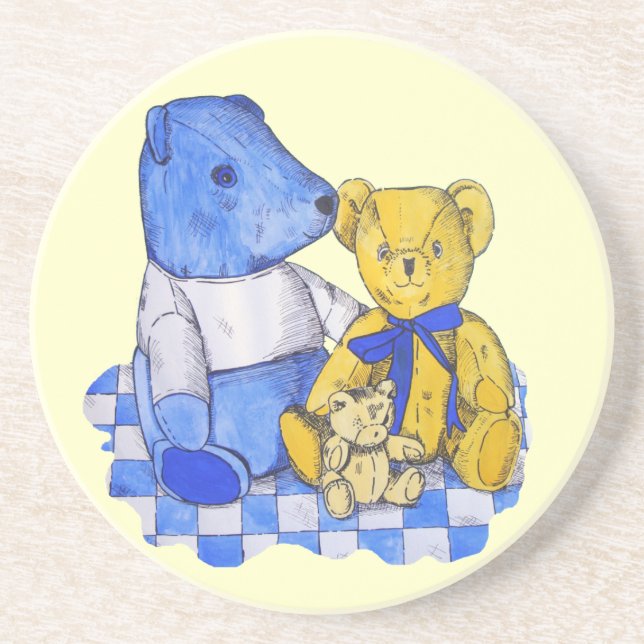 painting of three very cute old teddy bears coaster (Front)
