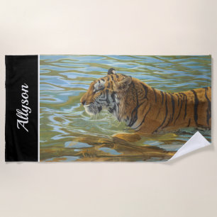 Painting Of Tiger Swimming   DIY Name   Black Beach Towel