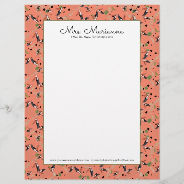 Painting of Toucans and Greenery Bird  Pattern Custom Letterhead (Front)