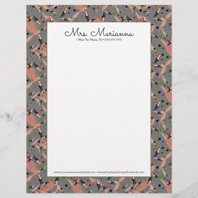 Painting of Toucans and Greenery Bird  Pattern Custom Letterhead (Front)