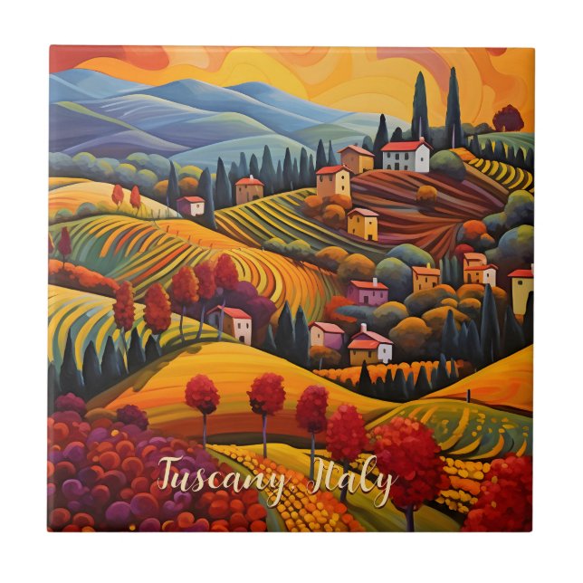 Painting of Tuscany in Autumn | Italy | Travel Art Ceramic Tile (Front)