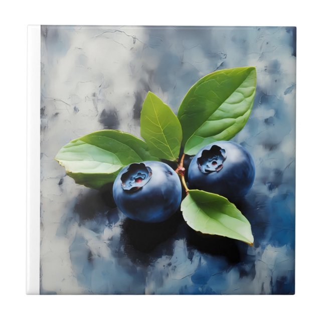 Painting of two blueberries with green leaves ceramic tile (Front)