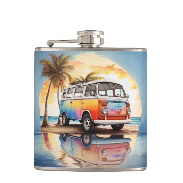 Painting of Vintage Minibus at Beach Hip Flask (Front)