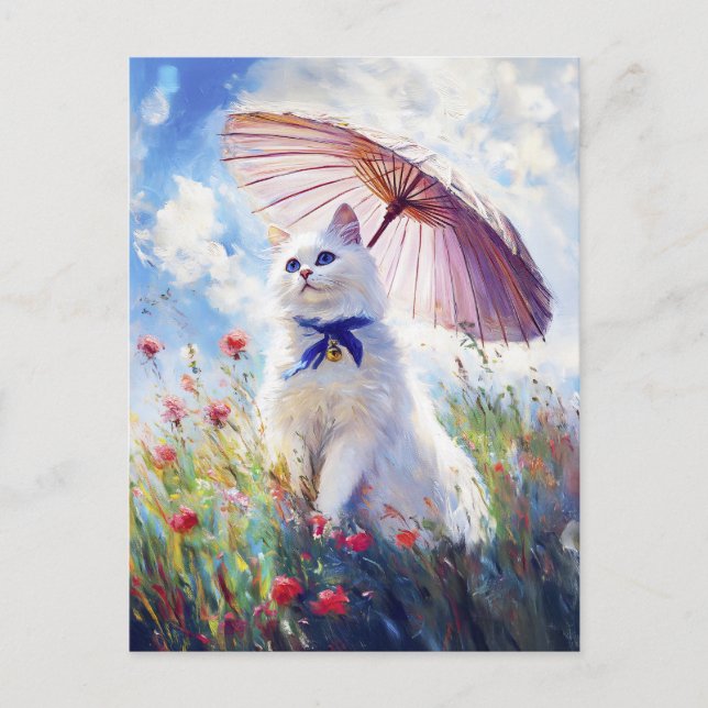 Painting of White Cat with Parasol in Poppy Field Postcard (Front)