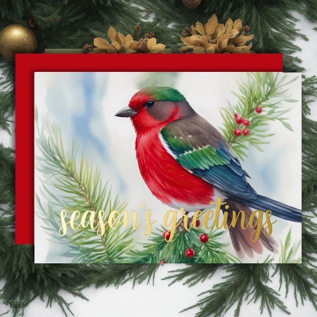 Painting of Winter Bird Red Green Foil Holiday Card (Creator Uploaded)