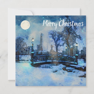 Painting of winter night in city park
