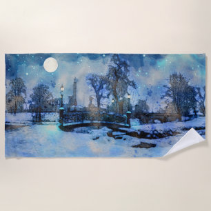 Painting of winter night in city park beach towel