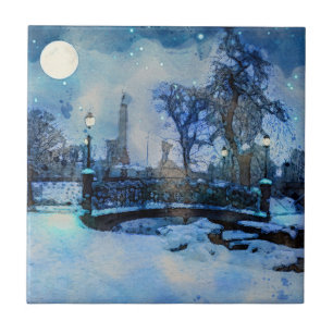 Painting of winter night in city park ceramic tile