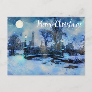 Painting of winter night in city park holiday postcard