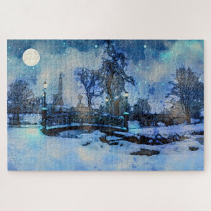 Painting of winter night in city park jigsaw puzzle