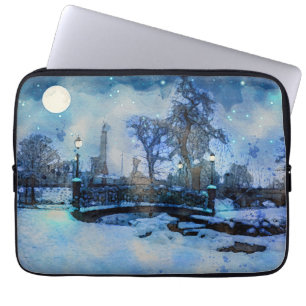 Painting of winter night in city park laptop sleeve