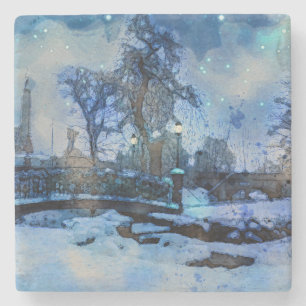 Painting of winter night in city park stone coaster
