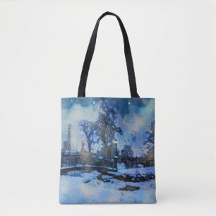 Painting of winter night in city park tote bag