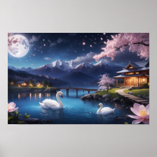 Painting of Wonderful Night Japan Sakura Tree Poster