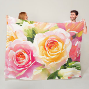 Painting of Yellow and Pink Roses Fleece Blanket