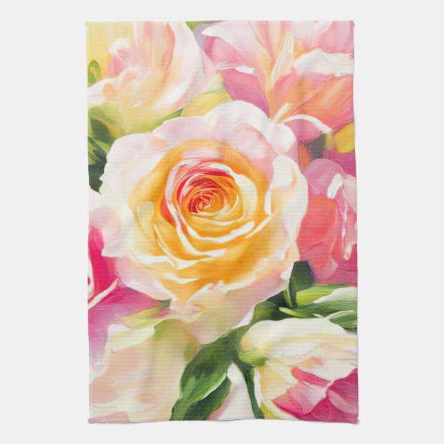 Painting of Yellow and Pink Roses Tea Towel (Vertical)