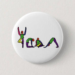 Painting of yoga poses spelling YOGA. 6 Cm Round Badge