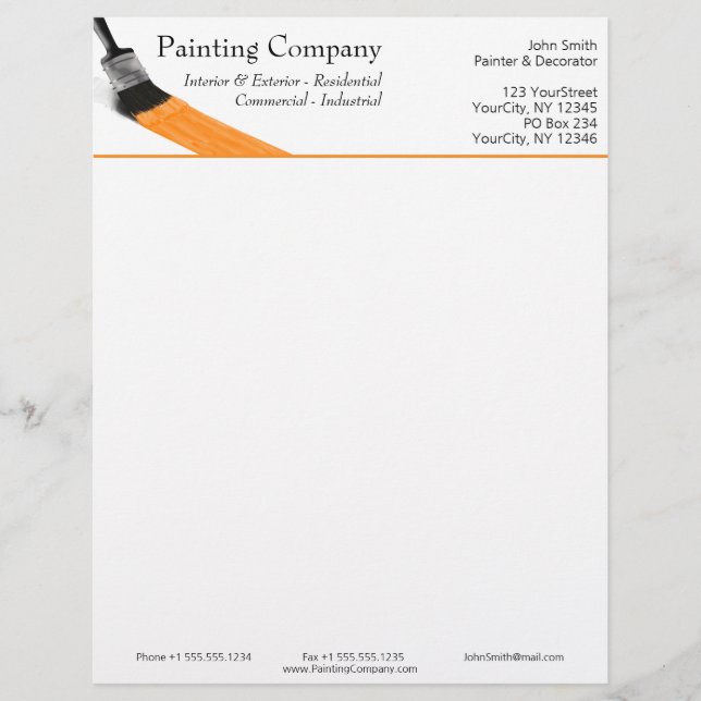 Painting Painter Service Company Brush Orange Custom Letterhead (Front)