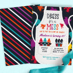 Painting Party Craft Art Kids Birthday Invitation<br><div class="desc">Painting Party Craft Art Kids Birthday Invitation. This design features a painting apron with paint splatter,  crayons,  and paint brushes.. Bright rainbow neon colours really stand out against the dark navy blue background. Rainbow stripes on the back. Personalise this custom invite design with your own art party details.</div>