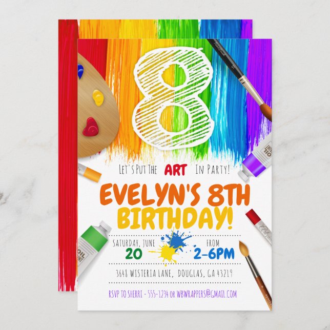 Painting Party Invitation, Art Birthday Party - 8 Invitation (Front/Back)