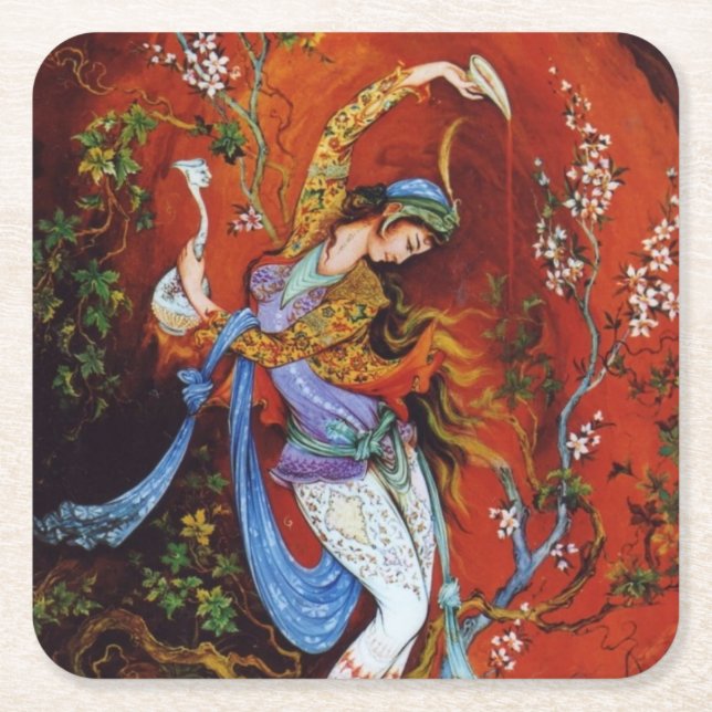 Painting Persian Girl Pouring wine from jug Square Paper Coaster (Front)