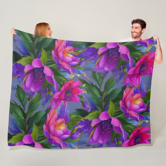 Painting Tropical Flowers Bright Colours Fleece Blanket (In Situ)