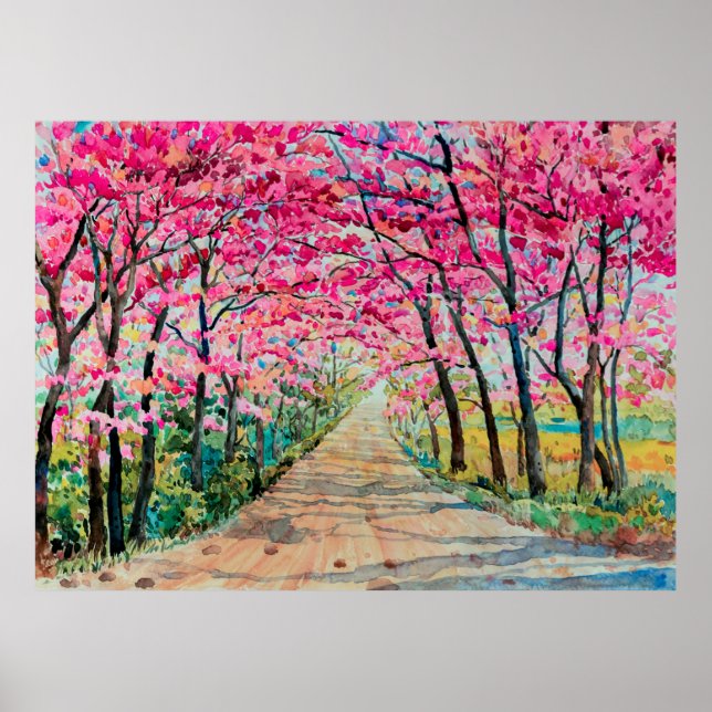 Painting watercolor landscape pink red colour Tunn Poster (Front)