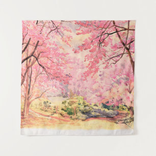 Painting watercolor landscape pink red flower of W Tapestry