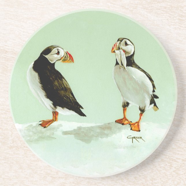 Pair of Antartic Puffin Birds Coaster (Front)