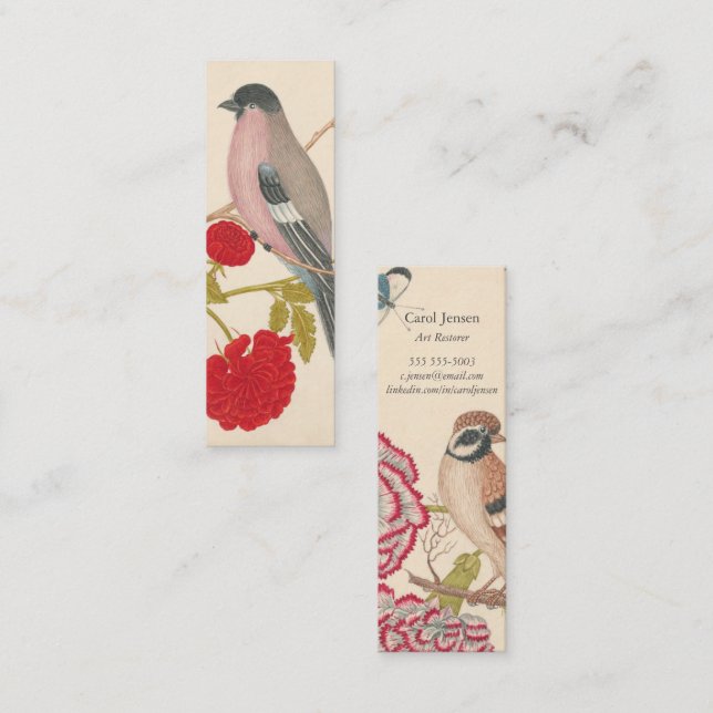 Pair of birds with roses and butterflies mini business card (Front/Back)