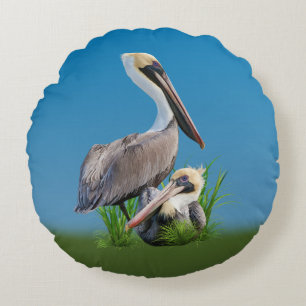 Pair of Brown Pelicans Customisable Round Cushion