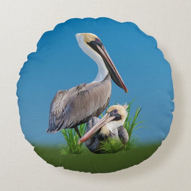 Pair of Brown Pelicans Customisable Round Cushion (Front)