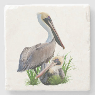 Pair of Brown Pelicans Customisable Stone Coaster