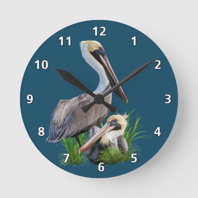 Pair of Brown Pelicans, Customizable Round Clock (Front)