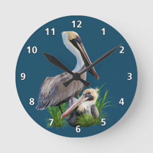 Pair of Brown Pelicans, Customizable Round Clock